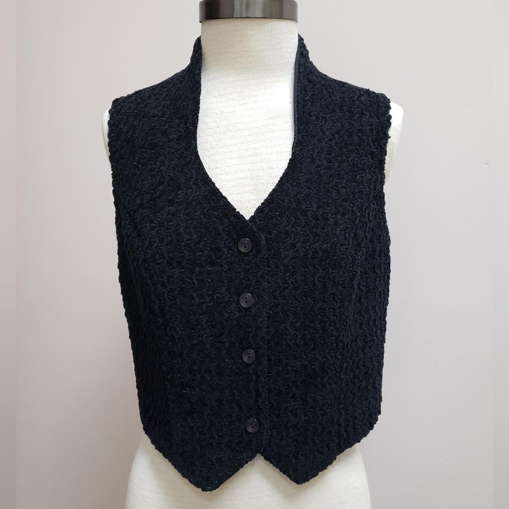 Vintage Explorations Textured Black Vest Waistcoat, Size Medium